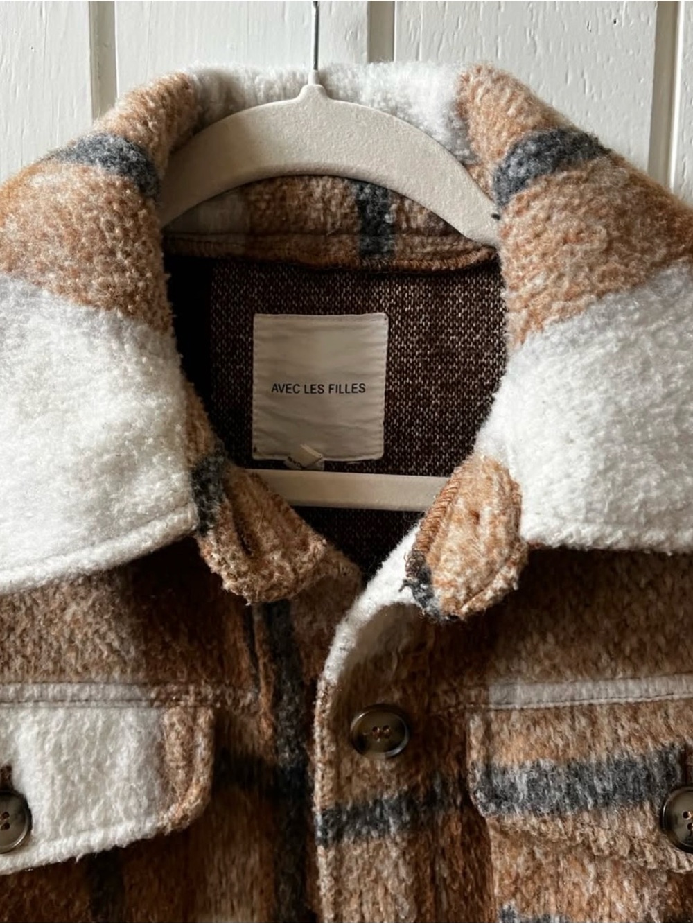 Avec Les Filles Brown and Cream Plaid Sherpa Shirt Jacket - Picture 4 of 7